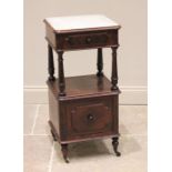 A late 19th century French rosewood marble top bedside cabinet, the square moulded top inset with