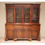 A large 19th century style breakfront mahogany secretaire library bookcase, late 20th century, the