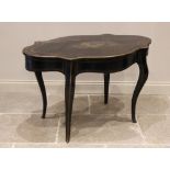 A late 19th century ebonised and brass inlaid bureau plat/centre table, the serpentine shaped top