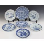 A collection of seven Chinese porcelain blue and white plate, Ming dynasty and later, to include a