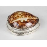 An 18th century cowrie shell snuff box, the silver coloured mounts with punched dot detail, hinged