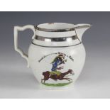 A satirical documentary pearlware jug, early 19th century circa 1812, the body printed and hand