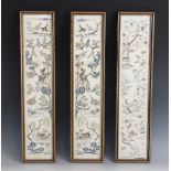 A set of three Chinese silk work sleeve panels, 19th century, embroidered with the forbidden knot