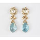 A pair of blue topaz, pearl and diamond set 18ct gold drop earrings, each designed as a round