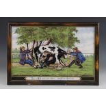 A Dutch delft six tile panel, depicting a comical scene of a cow being milked, with the motto ‘Who