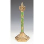 A Victorian painted brass table lamp, stamped Palmer & Co, the column painted with floral sprays