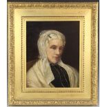 English school (19th century), Portrait of an elderly lady in lace bonnet, Oil on canvas,