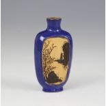 A Chinese blue-ground Yixing stoneware snuff bottle, 19th century, decorated with two reserves