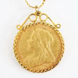 A Victorian sovereign, dated 1899, set to a 9ct gold pendant mount, upon a 9ct gold woven chain with