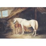 Manner of George Morland (British, 1763 - 1804), A mare and foal in a stable, Oil on panel,