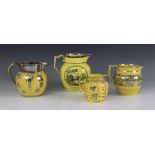 A 19th century canary yellow and silver lustre transfer-printed jug, of baluster form with shaped ha