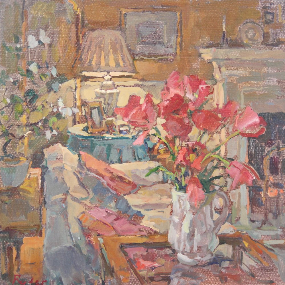 Susan Ryder RP NEAC (British, born 1944), Still life (a drawing room scene with flowers in a jug and - Image 2 of 4