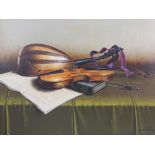 Georges Coulon (French, 1914-1990), Still life with violin and lute, Oil on canvas, Signed lower