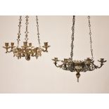 A near pair of gilt metal ecclesiastical chandeliers, 20th century, each with a pierced bowl applied