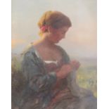 Circle of the Newlyn School (late 19th/early 20th century), A lady seated on a hilltop knitting, Oil
