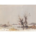 James Longueville PS PBSA (Northern School, b.1942), A winter landscape with trees and lake, Oil