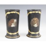 A pair of 19th century papier mache spill vases, of tapering form with a spreading foot, each