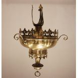A Victorian brass hanging sanctuary lamp, the three prong shade holder with fleu de lis terminals (