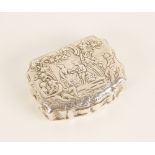 A Dutch silver coloured snuff box, of shaped rectangular form, the cover embossed with courting