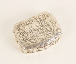 A Dutch silver coloured snuff box, of shaped rectangular form, the cover embossed with courting
