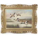 Substantially by Edgar Hunt (1876-1955), "Mallard In Flight", Oil on canvas, Unsigned, 26.5cm x 37.