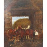 Manner of John Frederick Herring, Snr. (British, 1795-1865), Three horses in a stable, Oil on