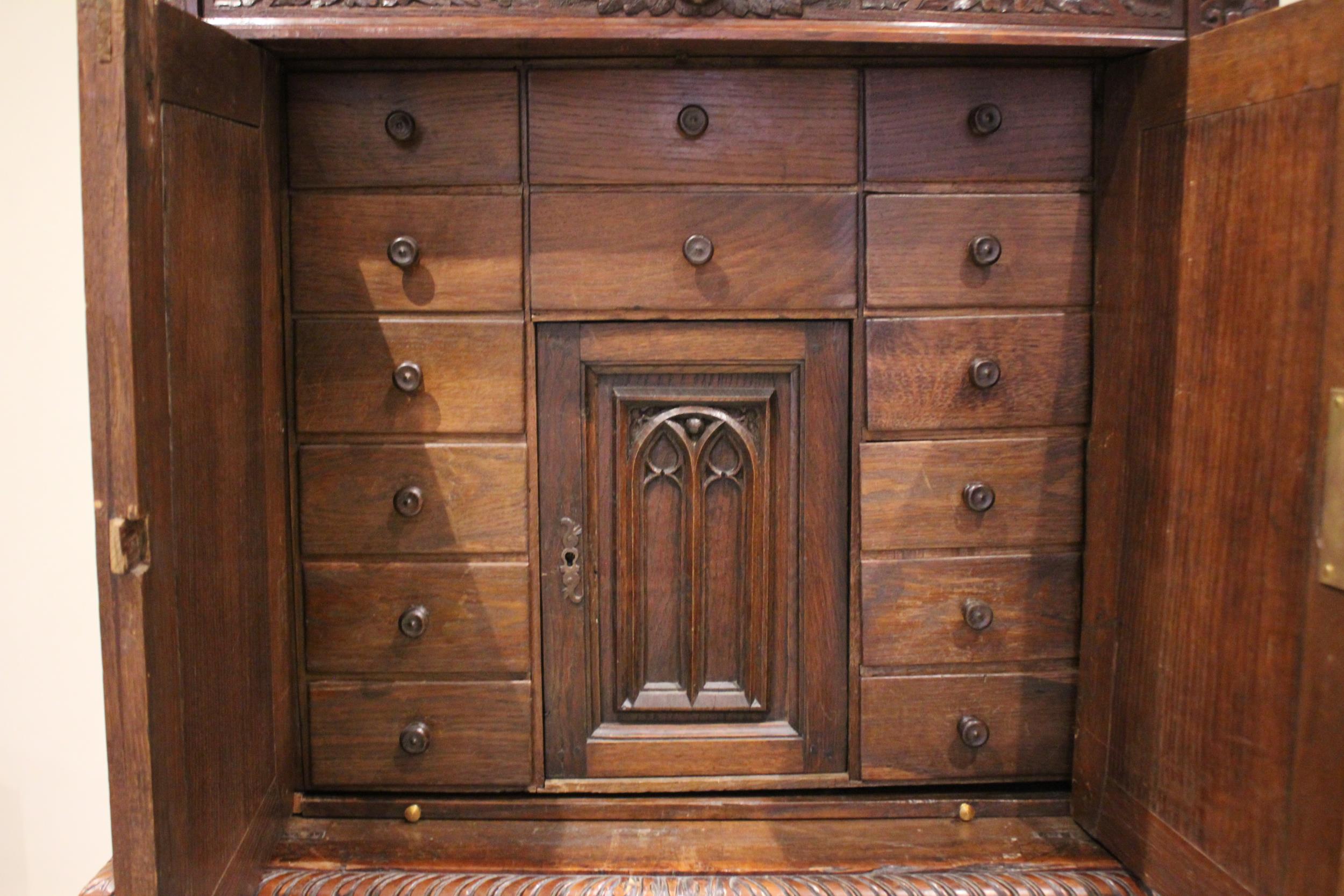A Victorian carved oak collectors/specimen cabinet in the 17th century taste, the upper cabinet - Image 2 of 2