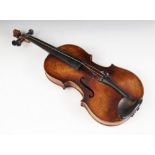 A violin, 19th century, bearing a maker's stamp for "Duke London", the one piece back 36.5cm long,