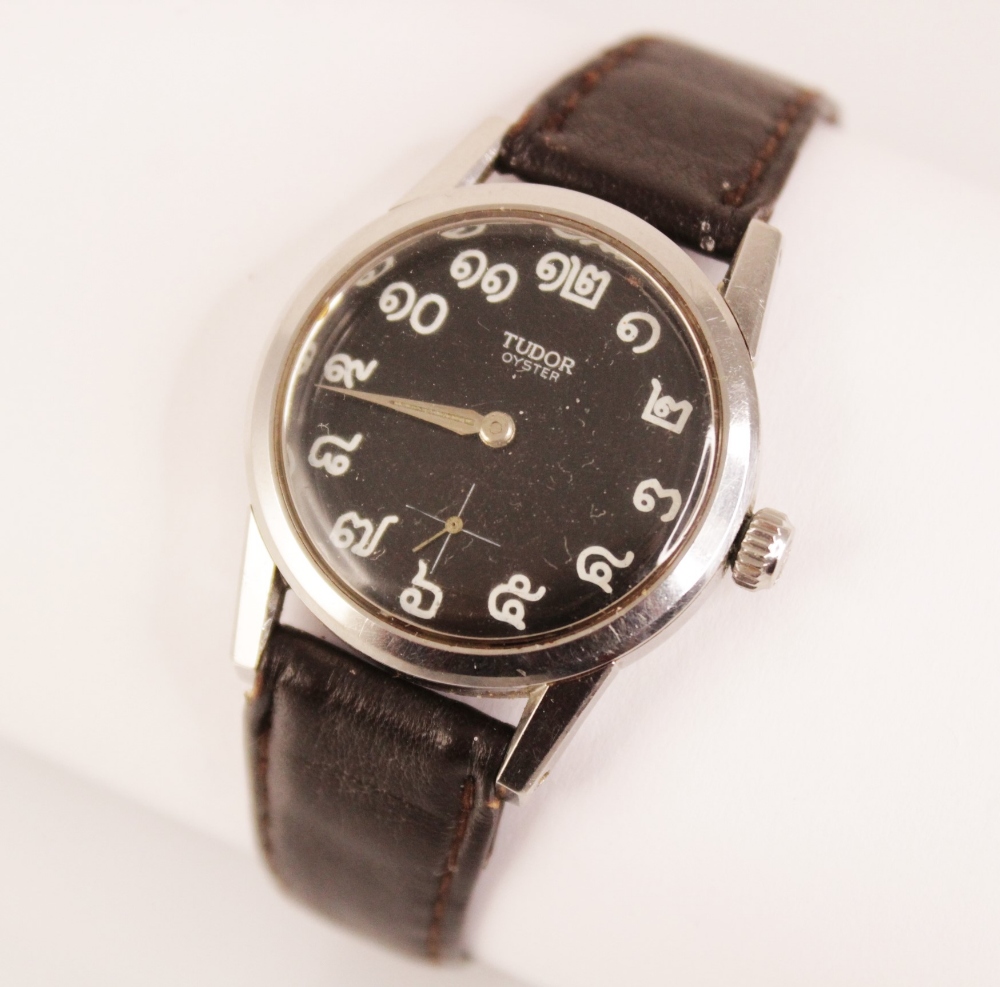 A Tudor Oyster wristwatch, the circular black dial with Thai numerals and subsidiary seconds dial to