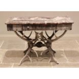 A 19th century antler console table, the rectangular pine table top overlaid with antler bark, and