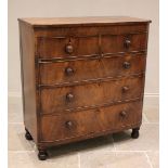 A 19th century mahogany bow front chest of drawers, formed from two short over three long cock