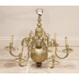 A Dutch brass chandelier, 20th century, the baluster and bulbous central column extending to six