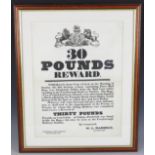 A Victorian General Post Office reward poster dated 1840, offering a £30 reward for information