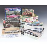 Nine unmade boxed plastic model vehicle kits, comprising: a Nostalgic Heroes 1973 Ford Capri 2000