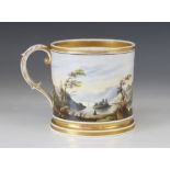 An English porcelain mug of large proportions, 19th century, the body hand painted with a continuous