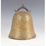 A Chinese cast bronze temple bell, 20th century, decorated with panels depicting a warrior, within a