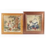 Two needlework embroidered pictures, 19th century, each depicting children with spaniels, each