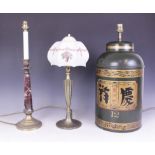 A painted toleware lamp base, designed as a Chinese tea caddy, converted to a lamp base, 45cm