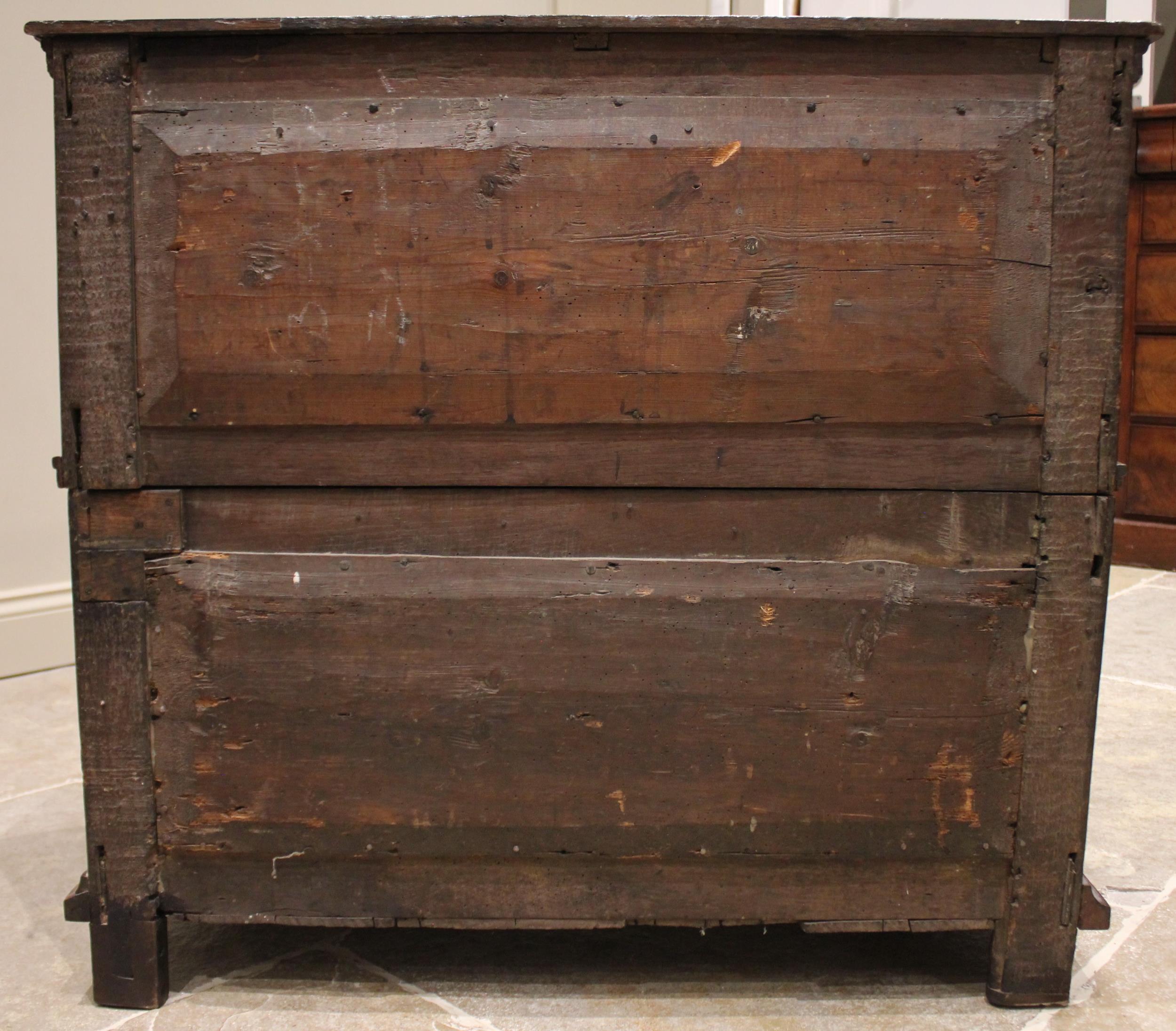 A late 17th/early 18th century two section oak chest of drawers, the upper section with a - Image 2 of 3