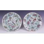 A pair of Chinese Celadon porcelain cabinet plates, 19th century, each decorated in the famille rose