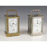 A lacquered brass carriage clock, early 20th century, the 6cm white dial applied with Roman and