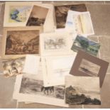 A portfolio of unframed prints, 19th century and later, containing a quantity of landscape and