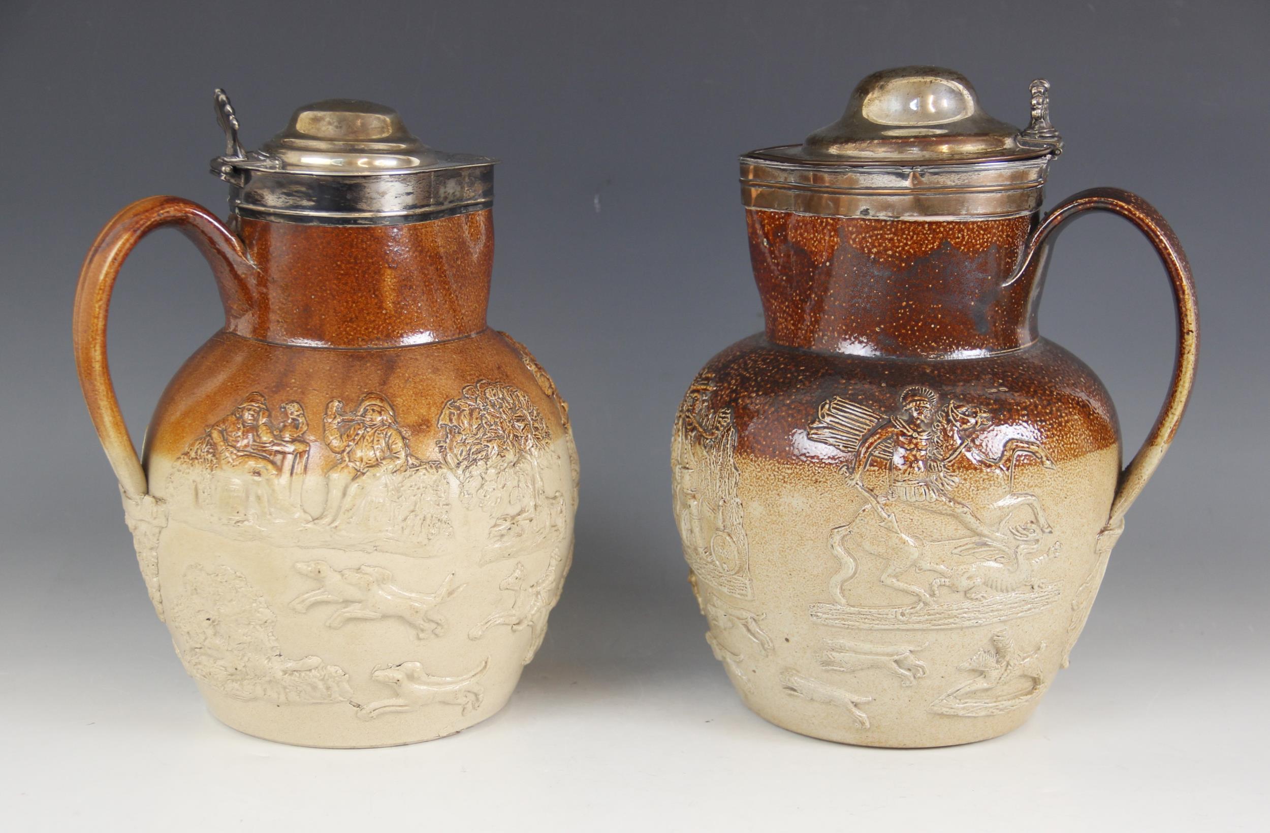A George IV silver mounted salt glazed Mortlake jug, London 1826, of typical form, the hinged