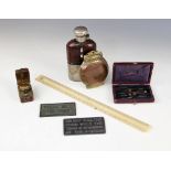 A G & J.W Hawksley leather and metal mounted glass hipflask with hinged bayonet twist cap and