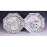 Two Japanese famille rose chargers, 20th century, each of octagonal form and decorated with figures,
