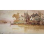 Walter Stuart Lloyd (British, 1845-1929), Fishing boats with village beyond, Watercolour on paper,