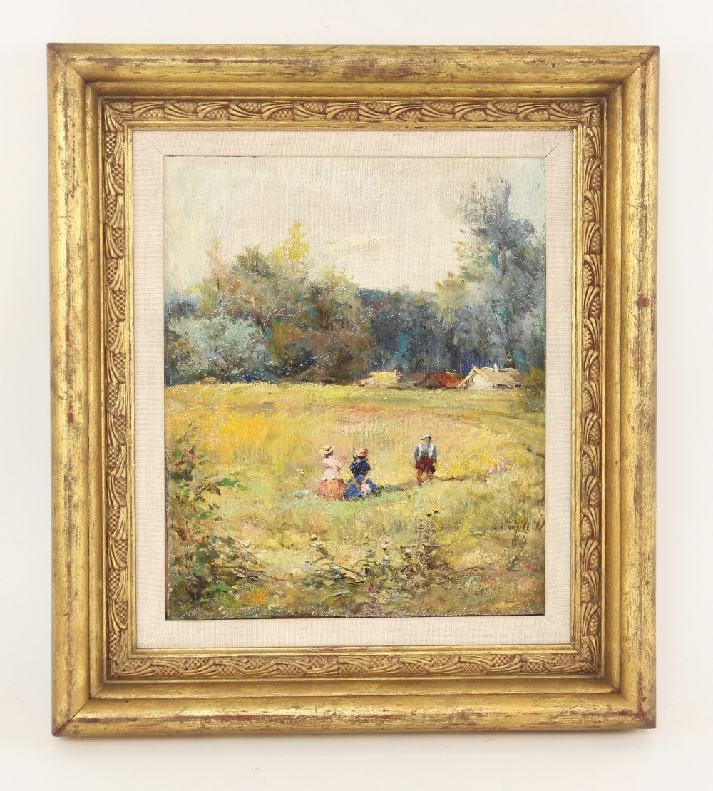 English school (19th century), Children picking wild flowers, Oil on board, Indistinctly signed