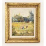 English school (19th century), Children picking wild flowers, Oil on board, Indistinctly signed