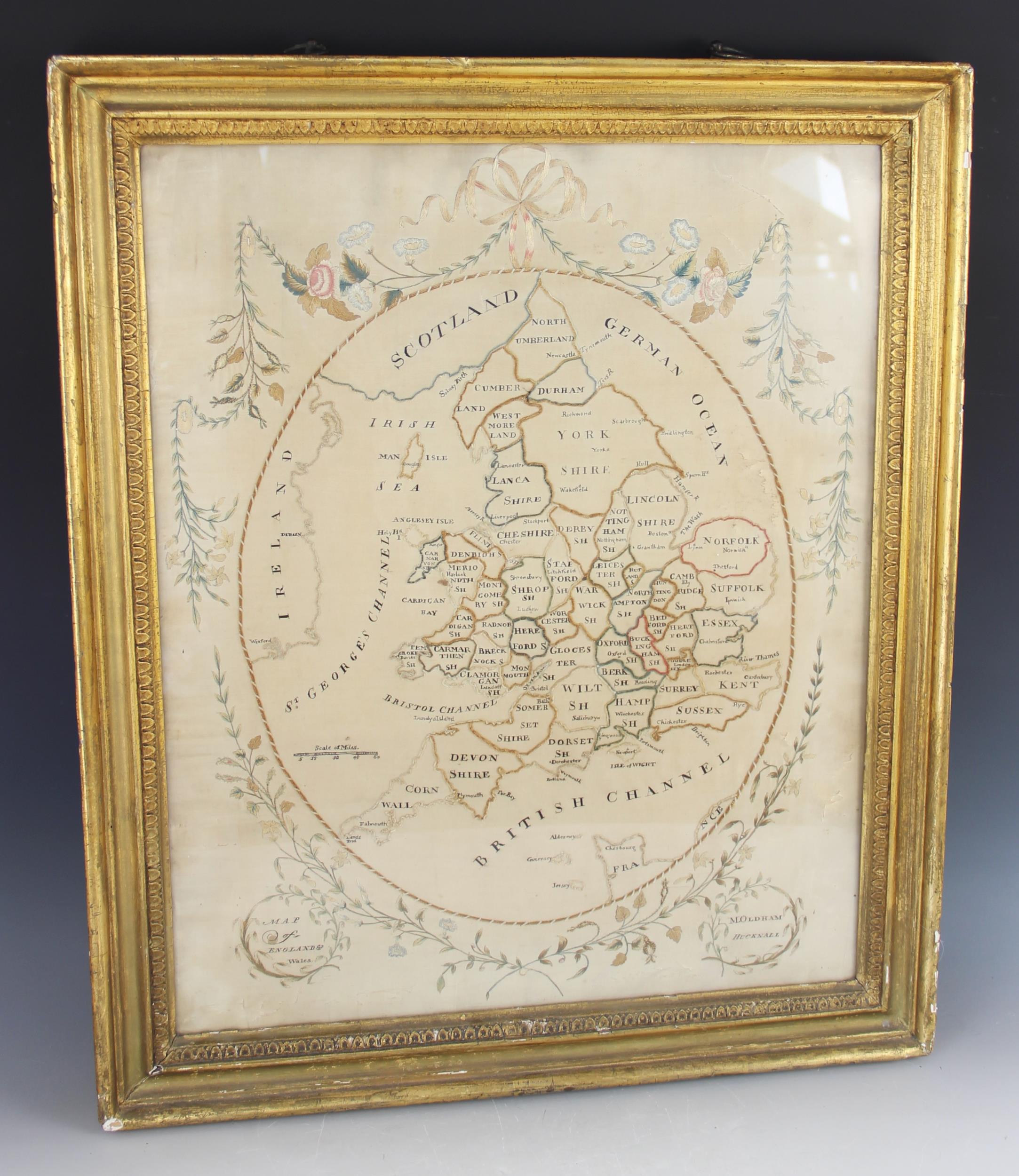An early 19th century silk work map sampler, by M Oldham, Hucknall, depicting England and Wales with - Bild 2 aus 4