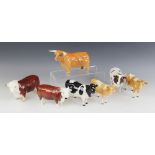 A collection of seven Beswick cattle models, comprising: a Hereford Bull "Ch. of Champions", model